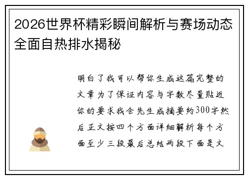 2026世界杯精彩瞬间解析与赛场动态全面自热排水揭秘